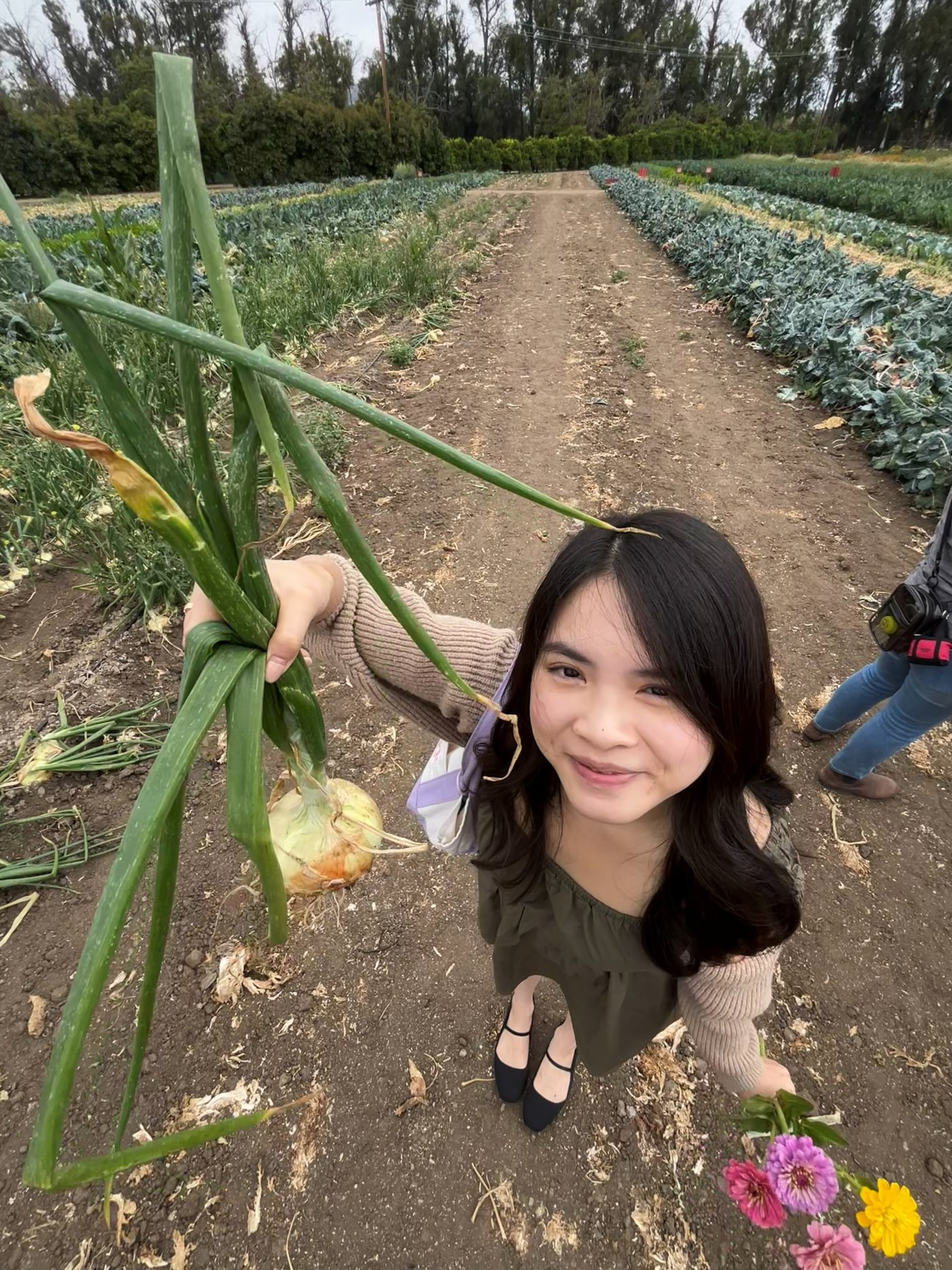 Indi Amelia Kusuma standing on a dirt path between rows of greens on a farm, holding up a freshly pulled onion by its stalks.